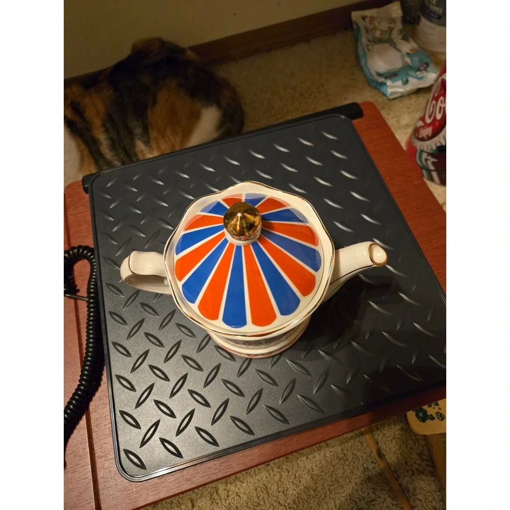 Vintage Carousel‎ Horse Ceramic Teapot Circus Tent Lid Gold Trim Red Blue White